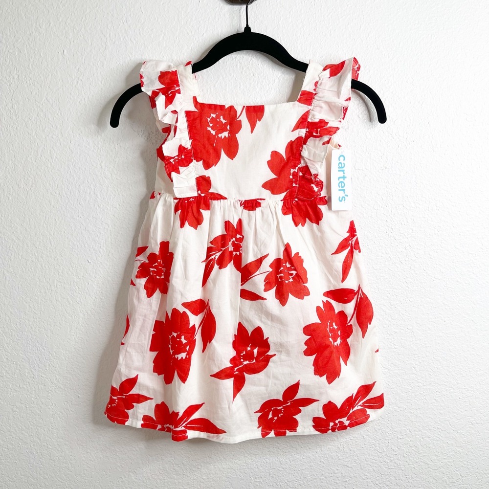 Carters Girls Red White Floral Ruffle Sleeve Cotton Dress Size 4